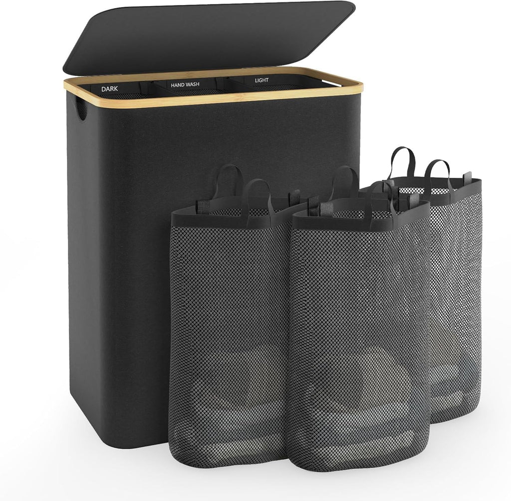 Hampers for Laundry Basket with Lid, 160L Extra Large 3 Section Clothes Divided Organizer for Bedroom, Laundry Room, Dirty Clothing Hamper, Black
