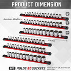 ALOANES 6-Piece Magnetic Socket Organizer, Heavy Duty Aluminum Socket Rails Organizer, 360° Swivel Clips Socket Holder Kit for Tool Box, 1/2, 3/8, 1/4-Inch Socket Holder x 80 Clips (Red)