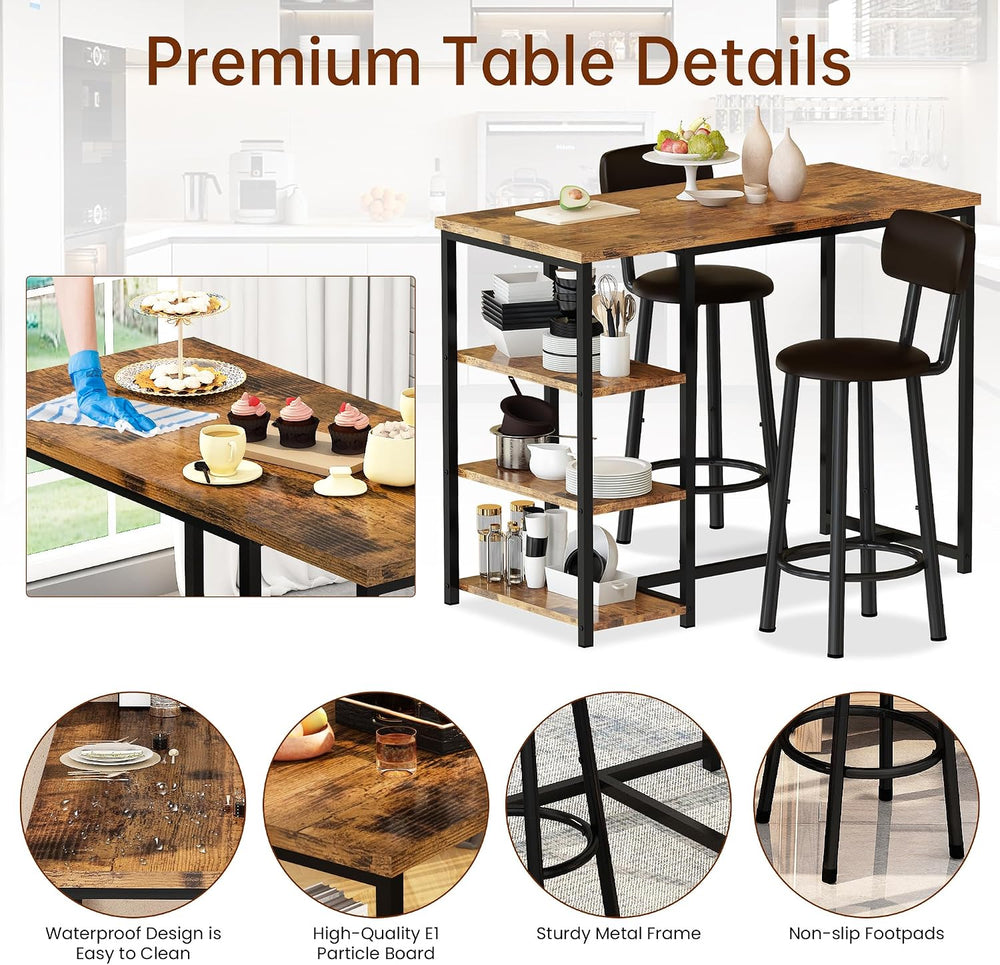 Recaceik Pub Dining Table Set for 2, Table and Bar Stools with 3 Storage Shel...