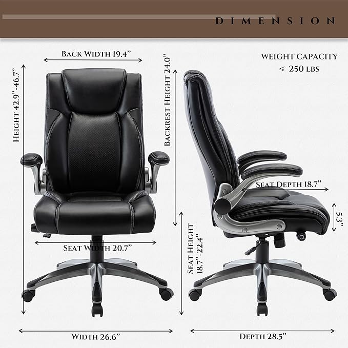 COLAMY Ergonomic Home Office Chair-Adjustable Lumbar Support for Extra Comfort, High Back Design with Padded Flip-up Arms for Adult Working, Study, Gaming (Black), 250lbs