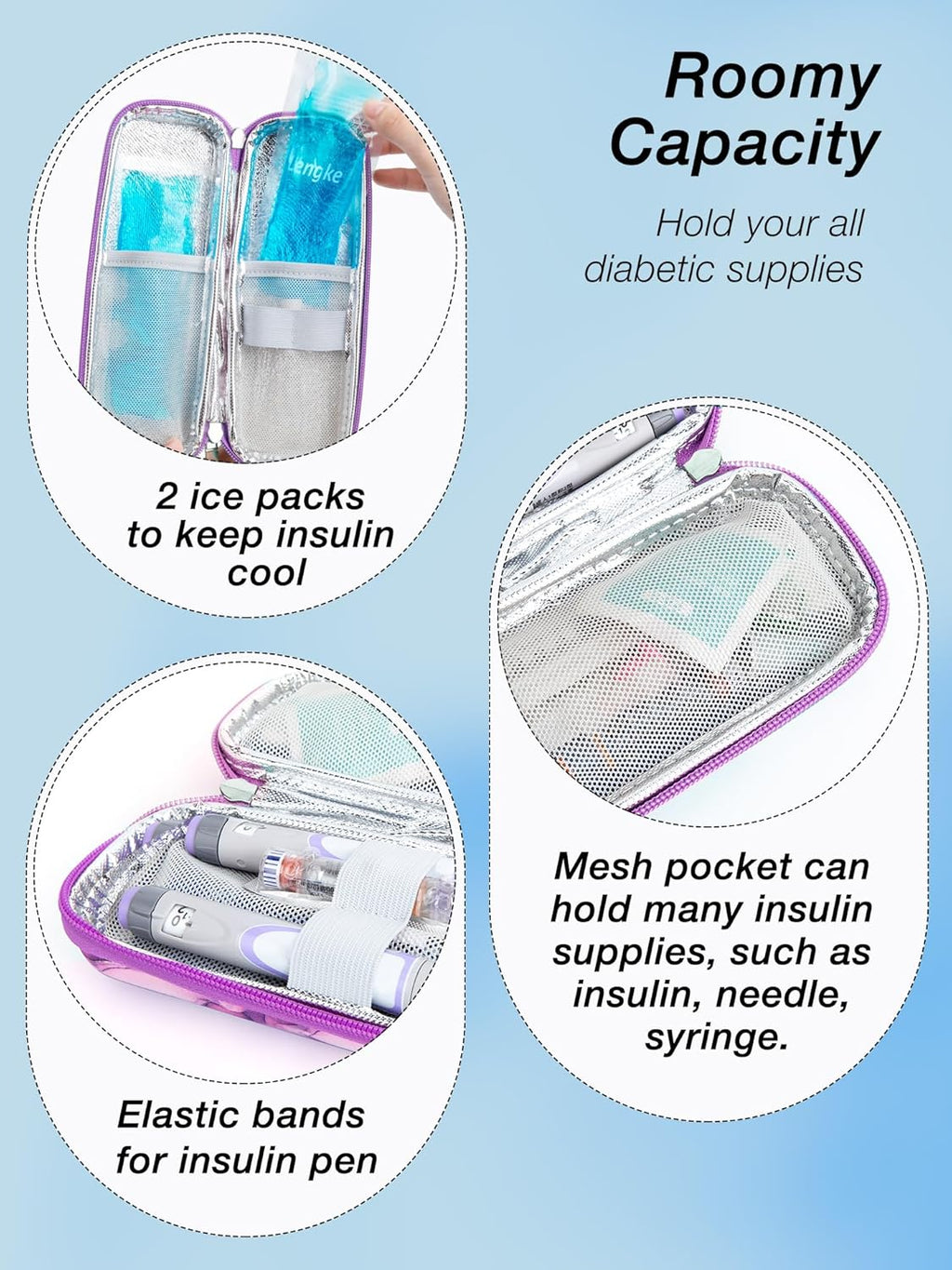 Leng Ke Upgraded Insulin Travel Case - EVA Travel Insulin Cooler Case TSA Approved with 2 Ice Packs, Portable Travel Medicine Cooler Bag for Insulin Pen and Blood Glucose Monitor Supply (Mable Purple)