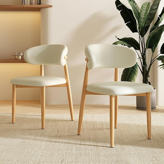 Dining Chairs Set of 4 for Kitchen Dining Table Mid Century Modern Farmhouse Upholstered Leather Dining Room Chairs with Metal Legs, Original Beige