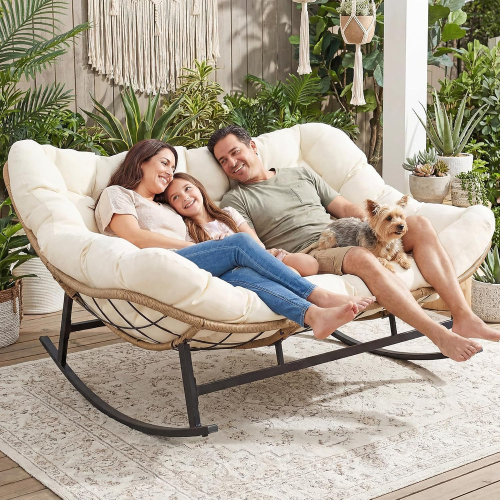 RADIATA Double Egg Rocking Chair for 2, Oversized Rattan Recliner Loveseat wi...