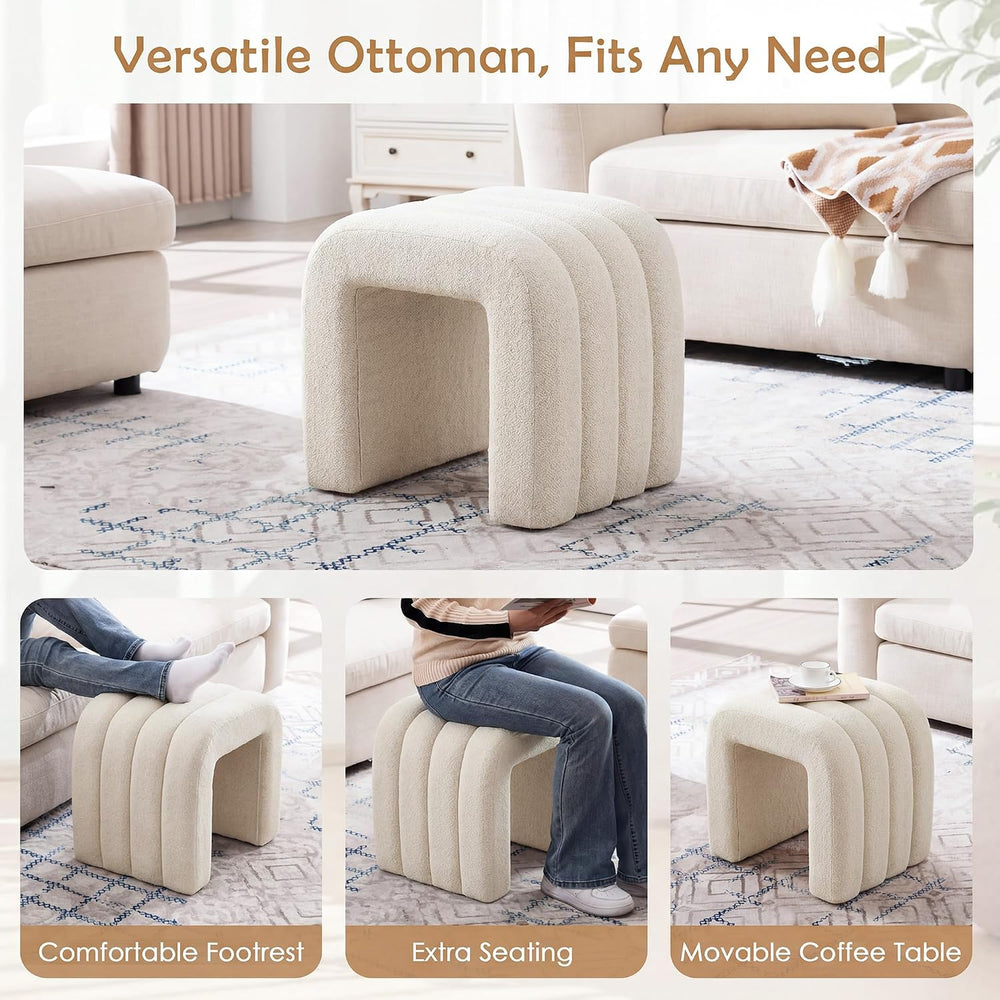 Beige Linen Ottoman Stool, Backless Vanity Stool, Footrest for Couch
