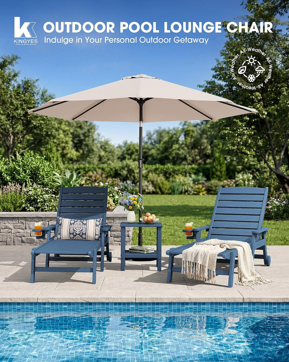 KINGYES HDPE Lounge Chair Outdoor Set of 2, All Weather Pool Lounger