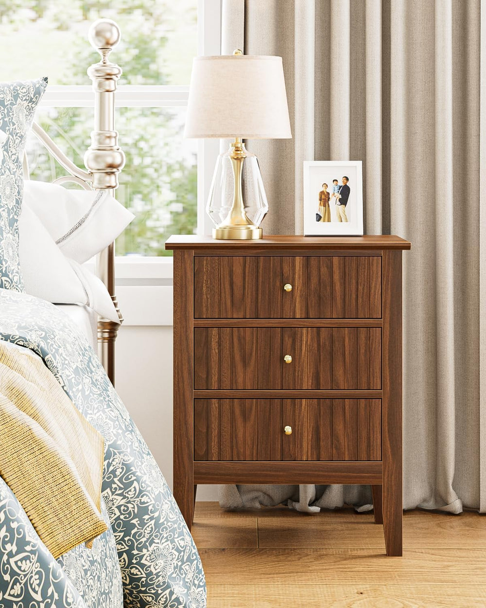 Night Stand, Fluted Nightstand Bedside Tall Farmhouse Nightstand with 3 Drawe...