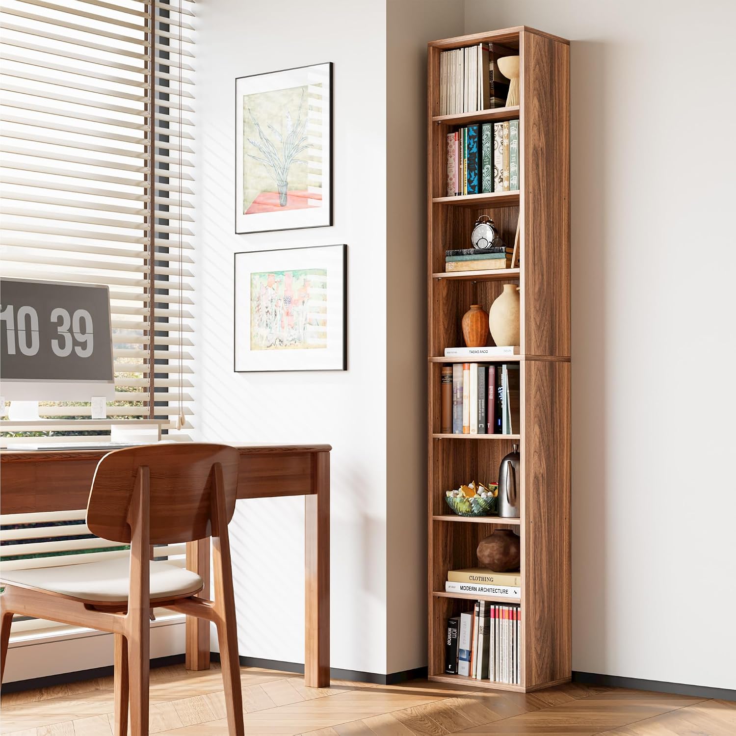 IRONCK Tall Narrow Bookshelf 8 Tiers, Compact Corner Bookcase, Floor Standing Display Storage Shelves 71 in Tall, Easy to Match for Living Room, Office, Study, Bedroom