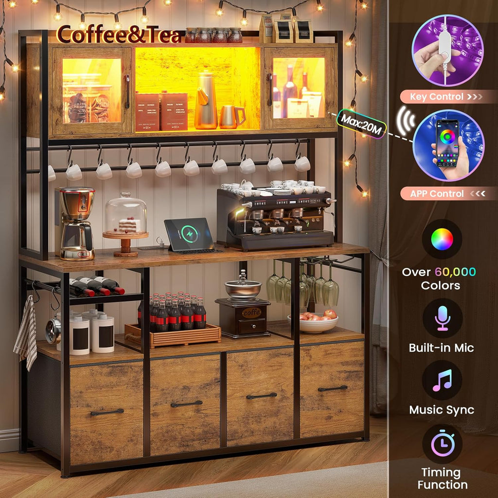 Itaar Bakers Rack with Power Outlet and LED Light, 47.2'' Microwave Stand with Storage, Kitchen Coffee Bar Cabinet with Glass Door, 4 Drawer, Wine Rack, Goblet Holder and 12 Hooks, Rustic Brown
