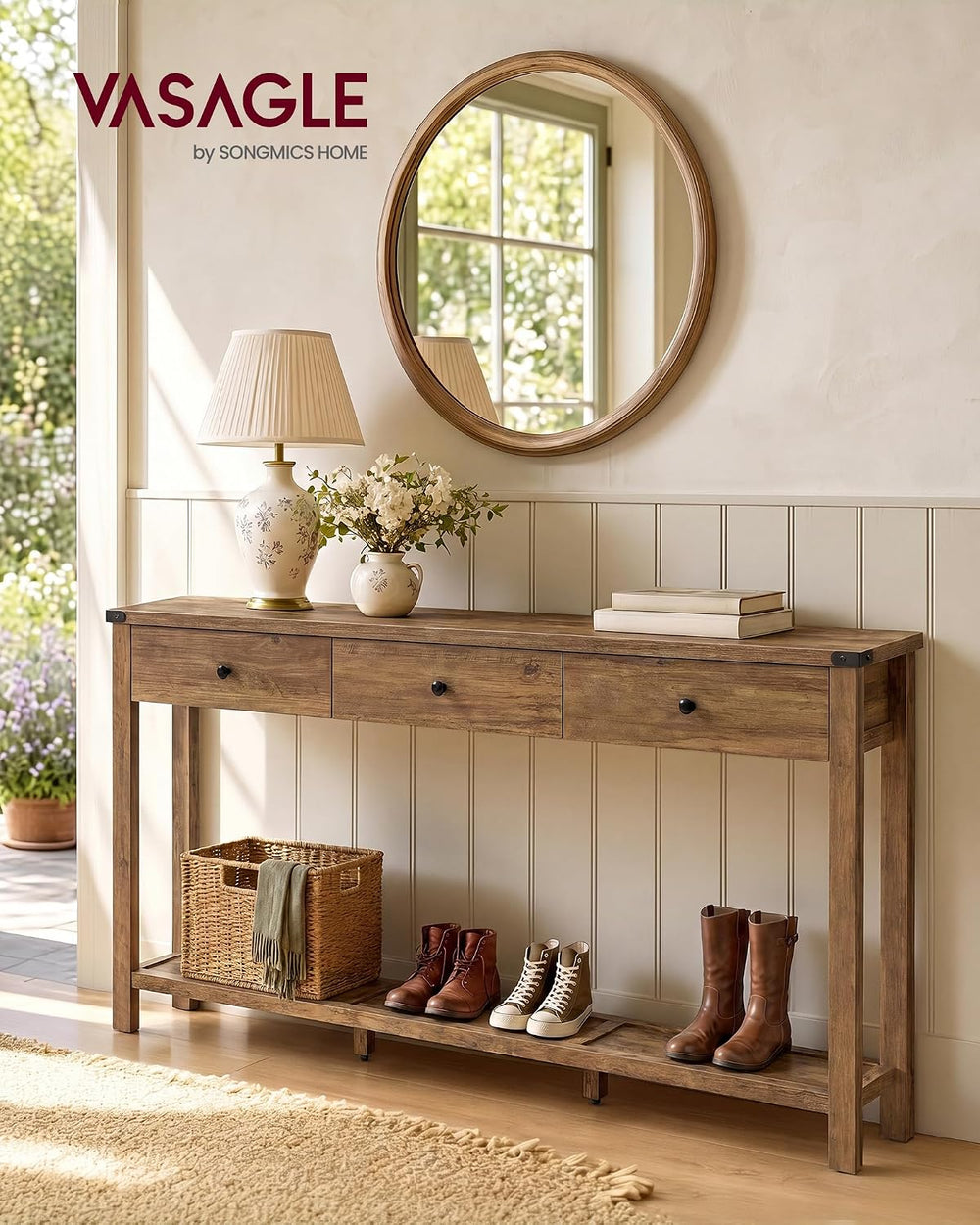 VASAGLE LIRY Collection Narrow Console Table with 3 Drawers, Brown | Long Sof...
