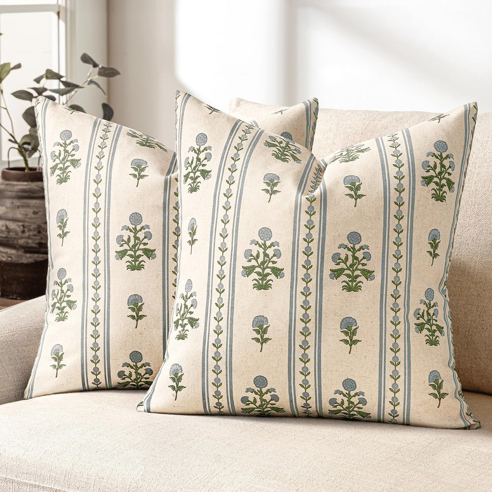 Striped Floral Throw Pillow Covers 18x18 Inch Set of 2 Blue Green