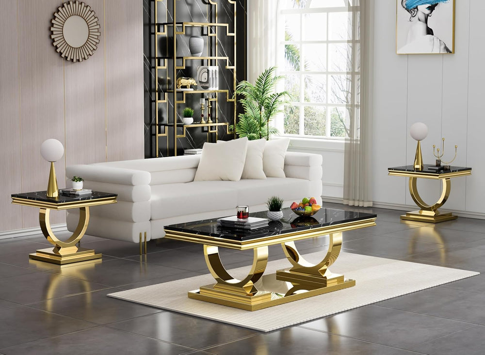 3 Piece Marble Living Room Table Set Modern Black Faux Marble Coffee Table an...