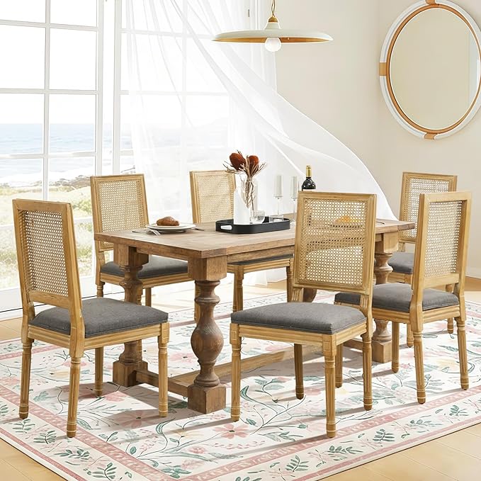 Dining Chairs Set of 6 for Dining Room & Kitchen, French Country Rattan Cane Back Chairs with Linen Upholstered Seat and S-Spring Support, Dark Gray