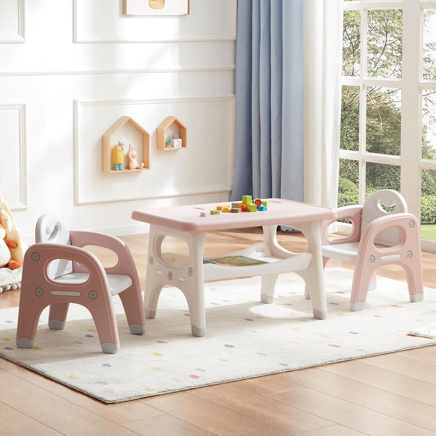 DOREROOM Kids Table and Chair Set, Plastic Children Activity Table with 2 Chairs, Toddler Table and Chair Set for Reading, Drawing, Snack Time, Arts Crafts, Preschool, Gift for Boys Girls