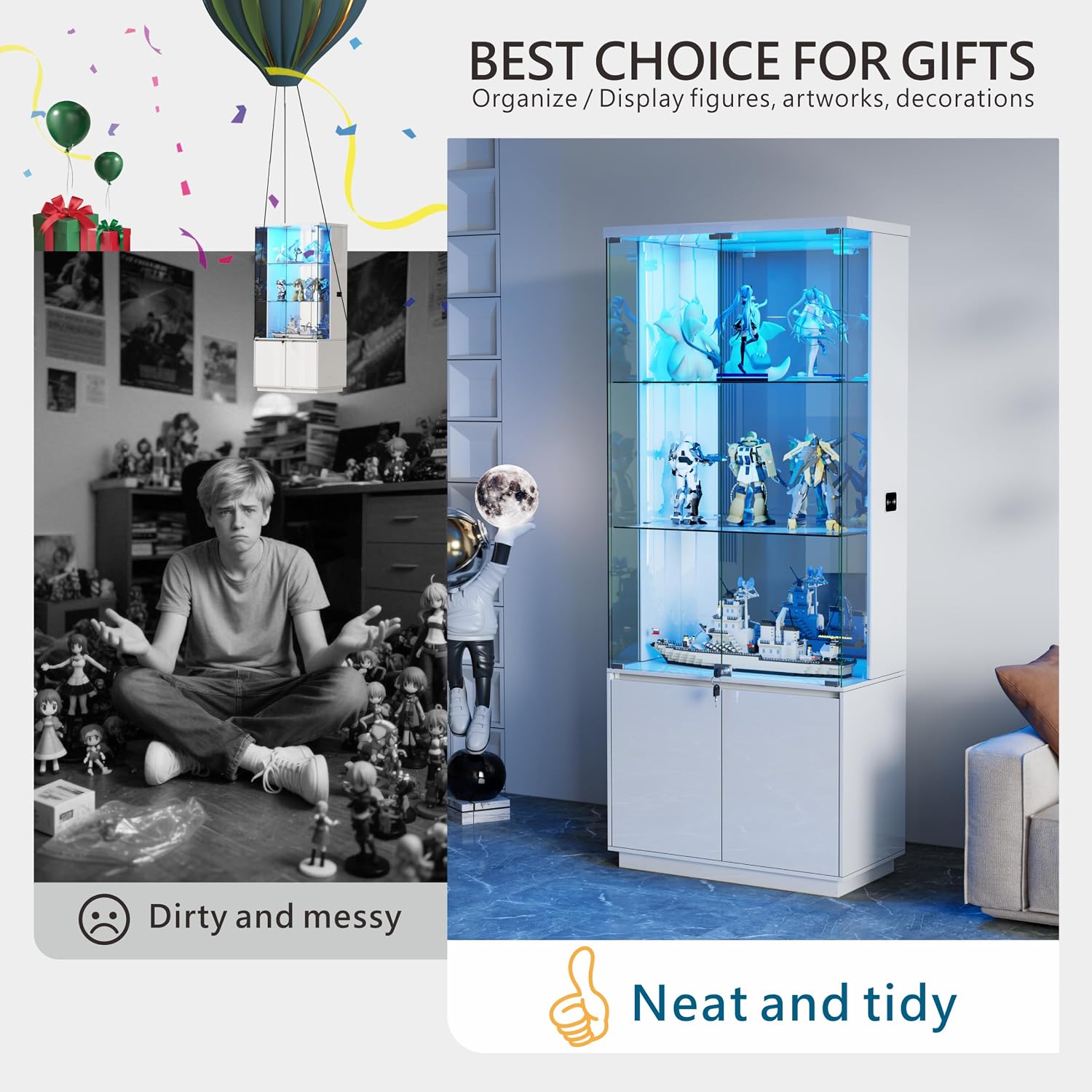 Lvifur 71” Glass Display Cabinet with Lights and Human Body Sensor - White | Pop-Up 4mm Tempered Glass Door; Safety Lockable Keys; Adjustable Lights; 6 feet Tall; Ample Storage Space; Durable Material
