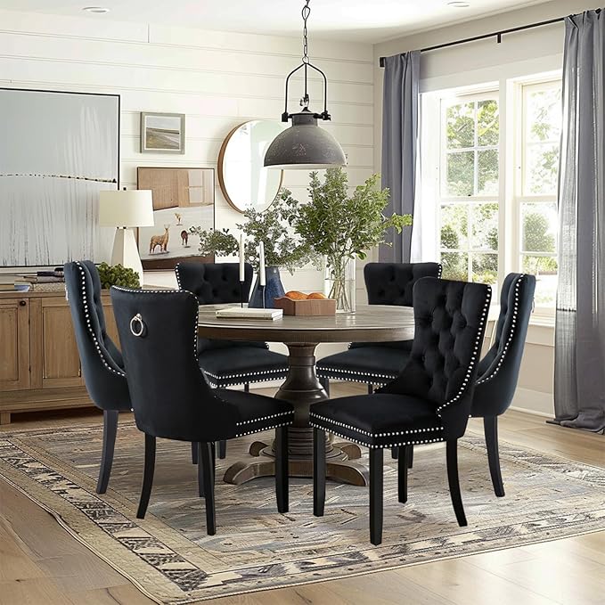 Velvet Upholstered Dining Chairs Set of 6, Modern Style Kitchen Side Chairs with Nailhead Trim and Wood Legs,Metal Pulling Ring for Dining Room Living Room(Black,Set of 6)