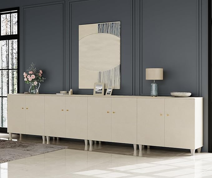 WAMPAT Modern TV Stands Entertainment Center for 100+ Inch TVs, 4-in-1 Beige Wood Television Stand with Doors, Extra Wide Media Console Tables with Storage Cabinets for Living Room, 141.6x15.3x32.4