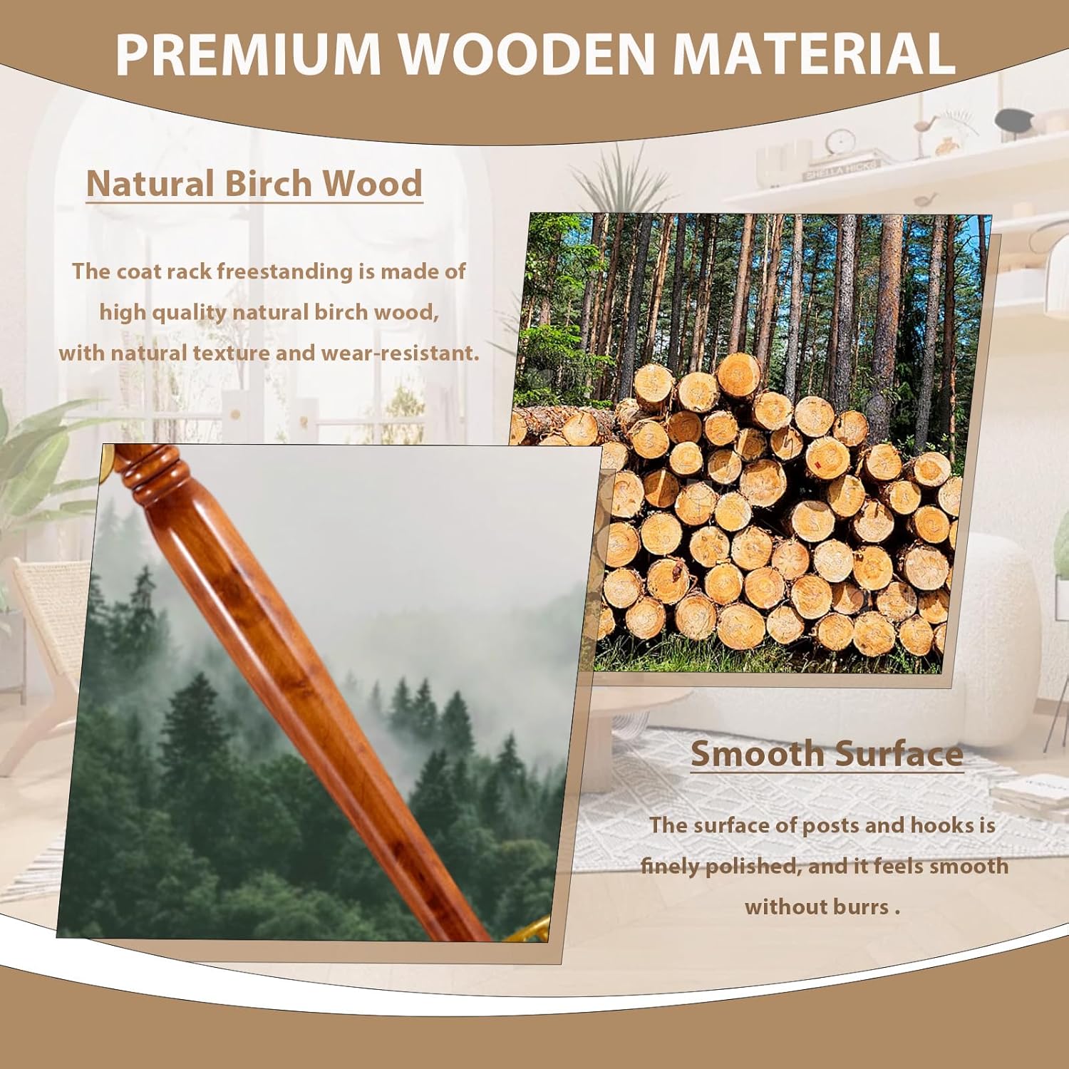 Solid Wooden Coat Rack Stand, Coat Racks Freestanding with 14 Hooks, Natural Birch Wood Coat stands with Sturdy Round Base, Tree Coat Hanger Standing for Entryway Bedroom Office（Begonia triangle2）