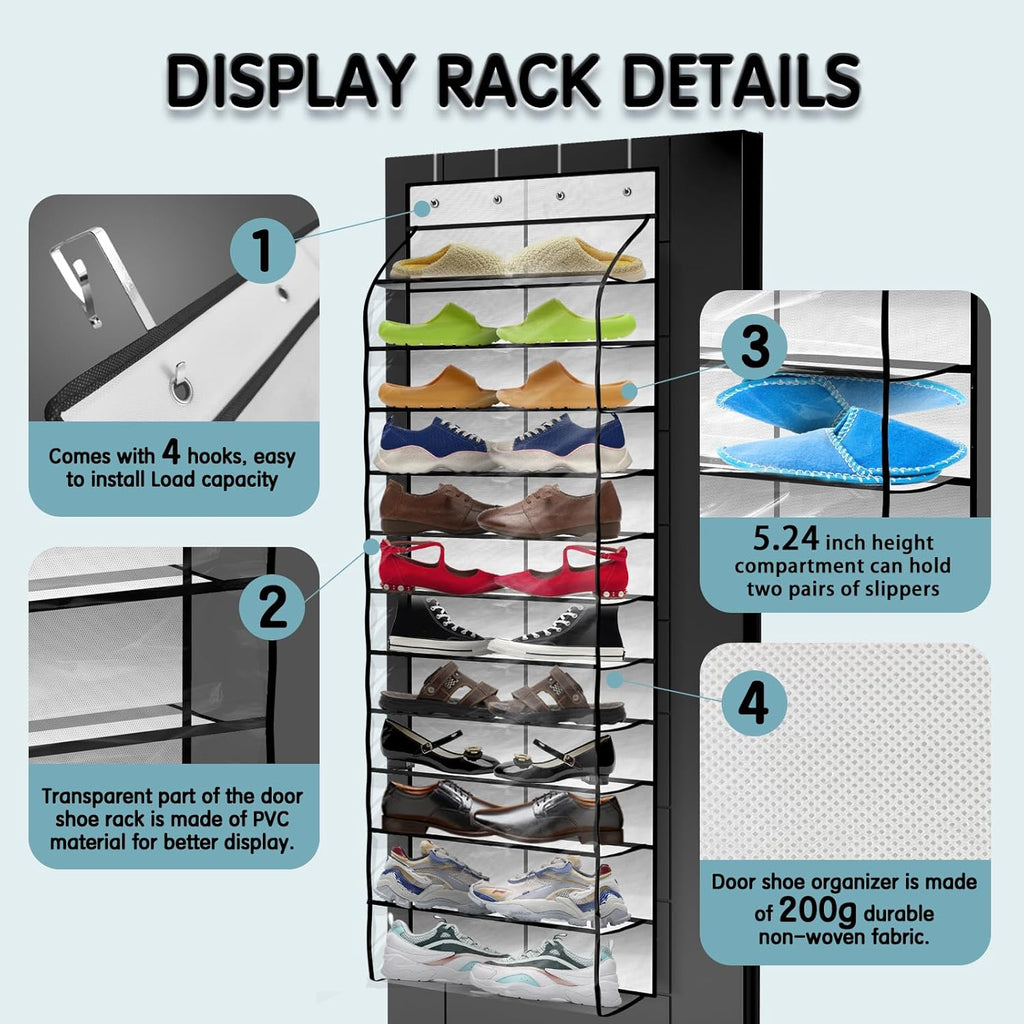 Over The Door Shoe Organizer with 12 Large Breathable Pockets - Durable Hanging Storage for the Entire Family's Shoes - White