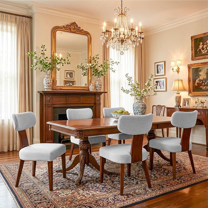Dining Chairs Set of 6, Mid-Century Modern Upholstered Kitchen Chairs with Curved Backrest and Linen Fabric Seat, Wood Leg Accent Chairs for Dining Room, Living Room, Bedroom, Grey