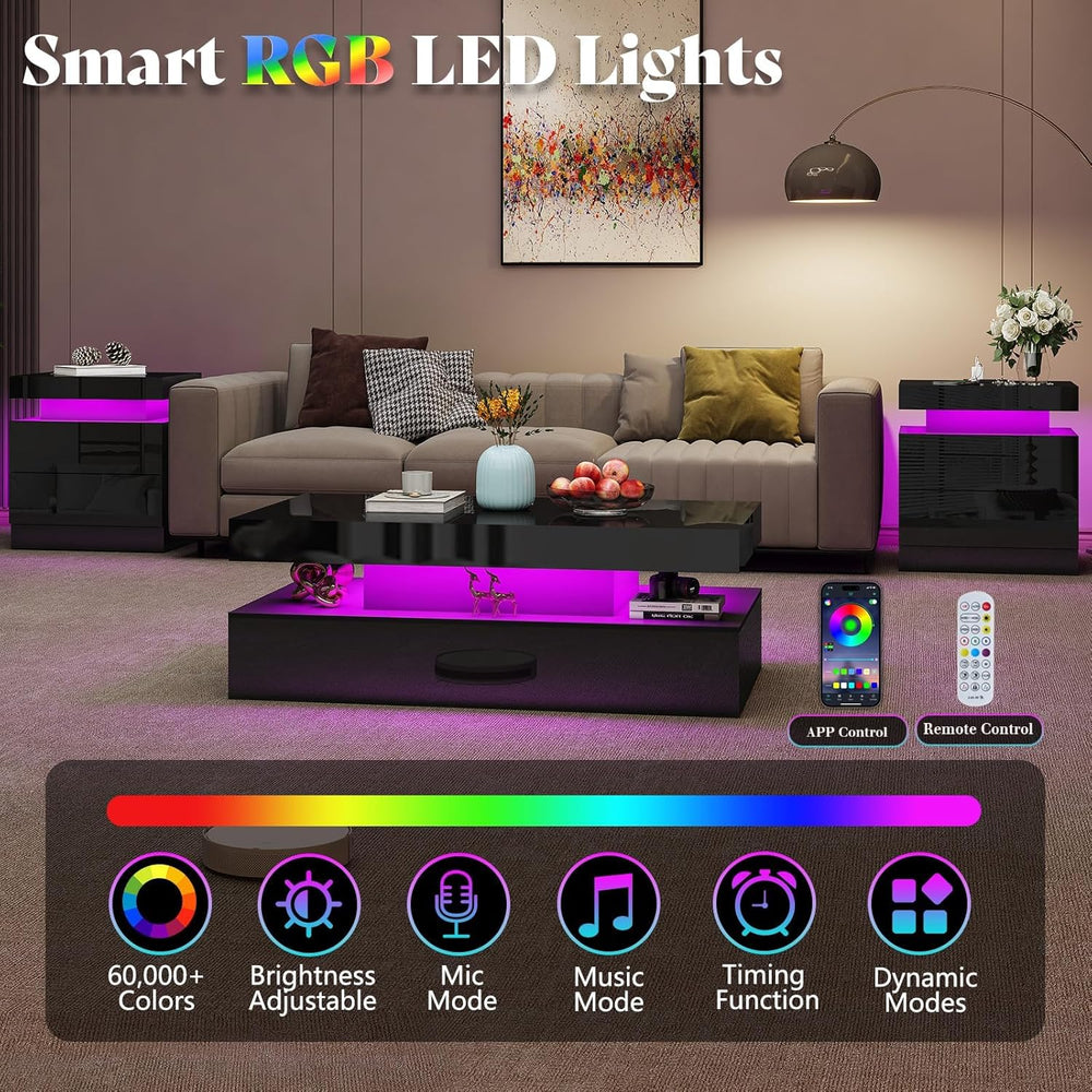 AMERLIFE High Gloss 3 Pieces Living Room Table Set, Modern LED Coffee Table S...