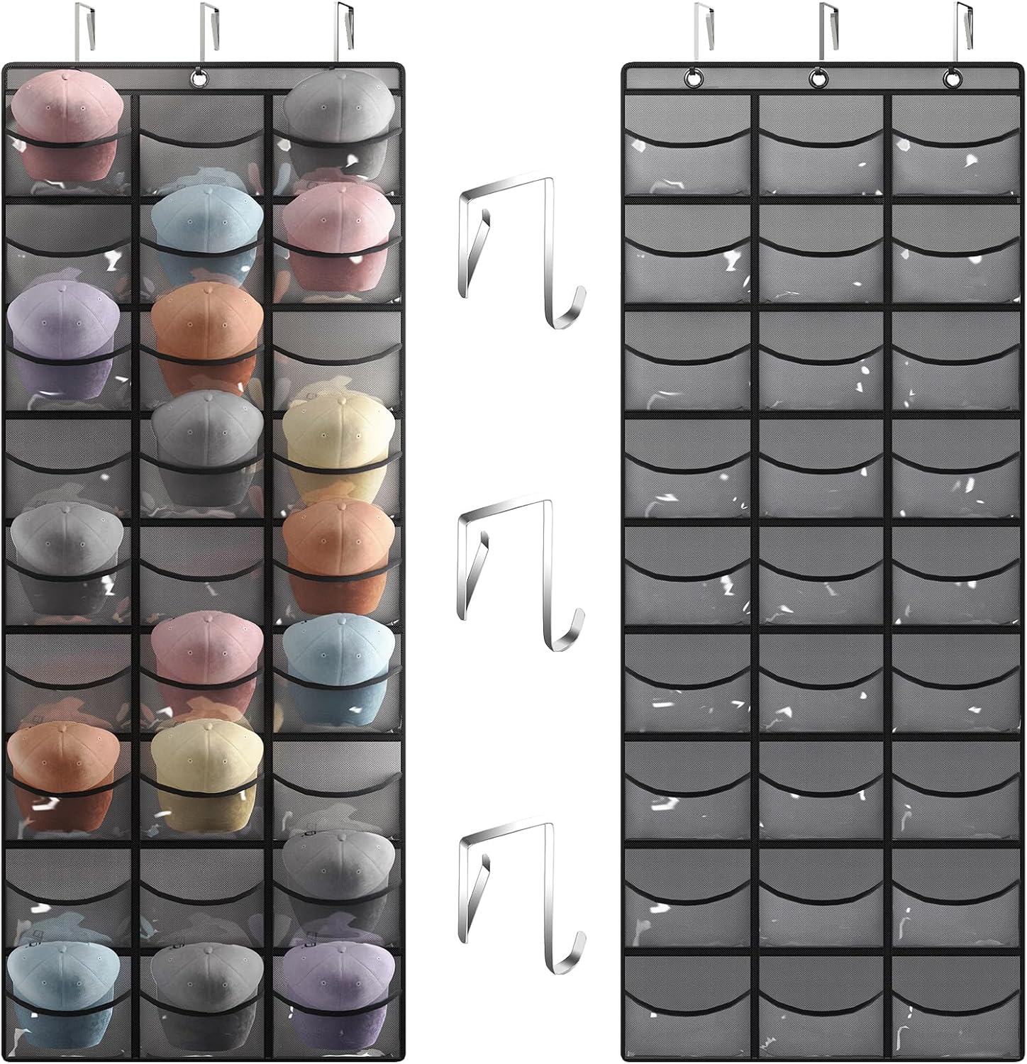 Hat Organizer Over Door Baseball Caps Holder 27 Pocket Storage Rack Grey | 27 Clear Deep Pockets, 3 Hooks, over-Door Hanging Design, for Baseball Caps, Closet Wall and Door Storage