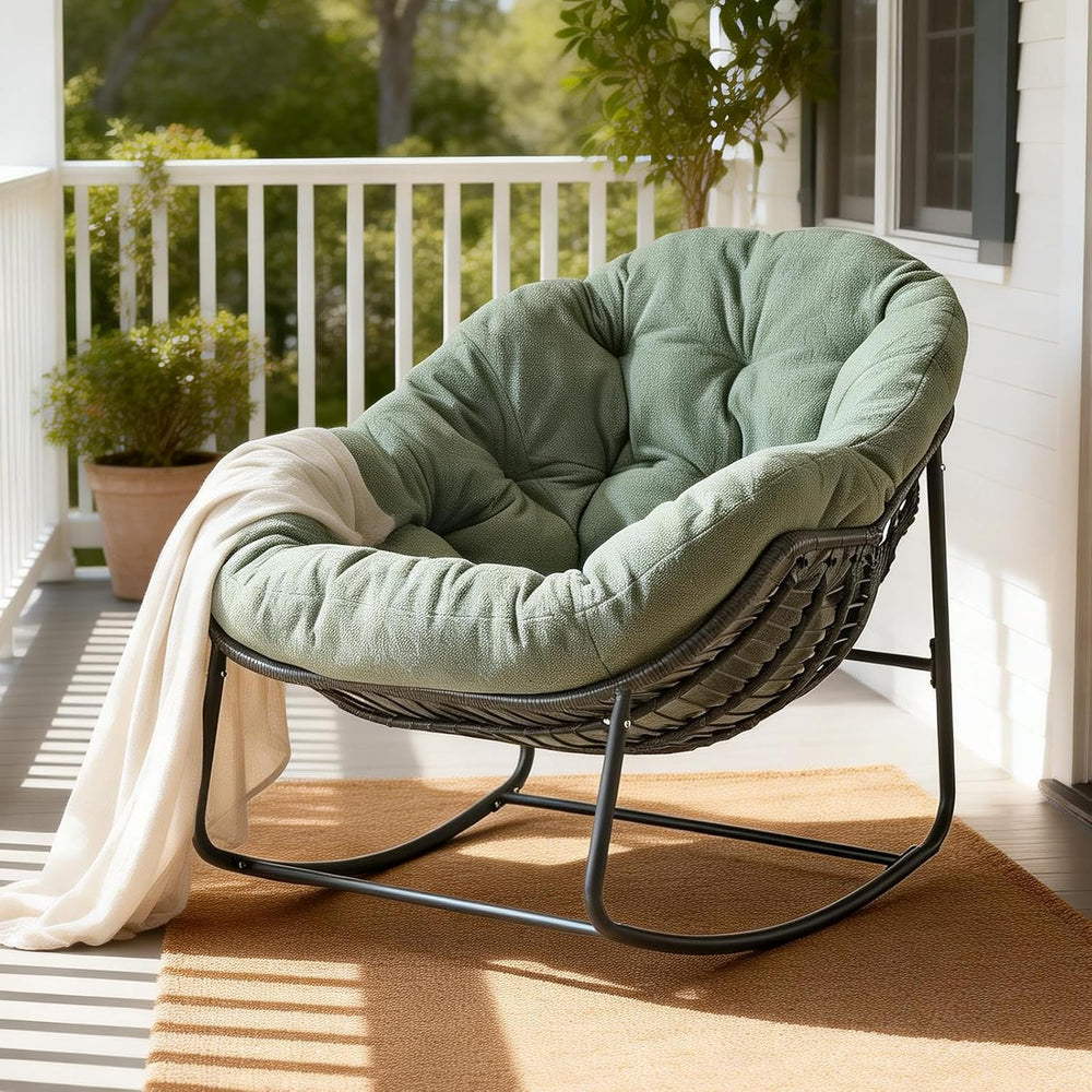 Oversized Outdoor Papasan Rocking Chair with Soft Cushion, Comfy Patio Egg Ch...