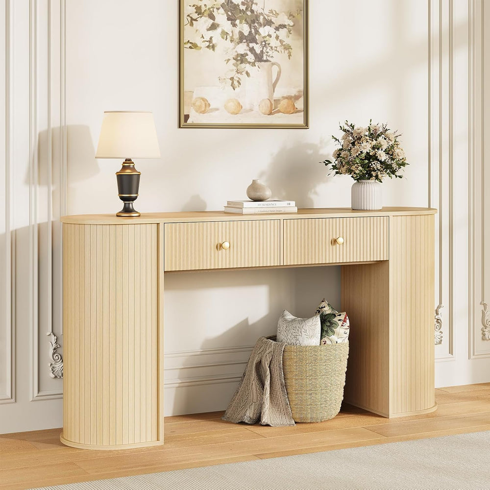 59" Fluted Console Table with 2 Drawers - Wood Entryway Table with Stora...