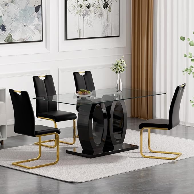 Goujxcy Dining Chairs Set of 4, Modern High Back Kitchen Chairs with Metal Legs and Faux Leather Padded Seat Upholstered Dining Chairs for Dining & Kitchen,Living Room (Black&Gold, Set of 4)