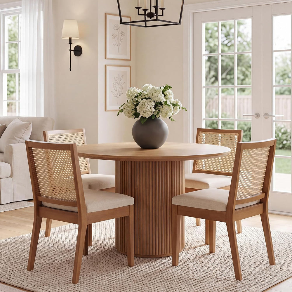 HNY Farmhouse Rattan Dining Chairs Set of 4, Walnut Solid Hardwood Frame, Uph...
