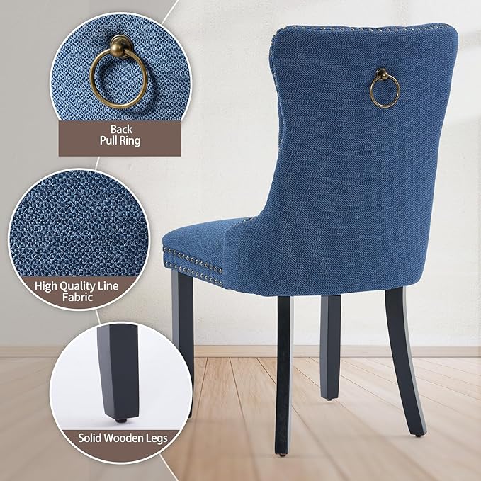 Blue Dining Chairs Set of 2, Upholstered Tufted Linen Fabric Dining Room Chai...