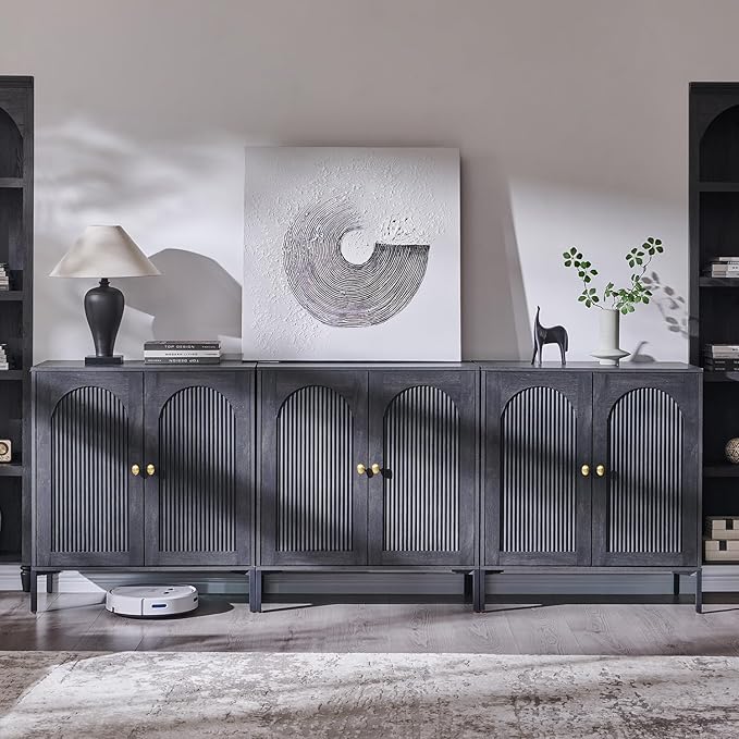 Modern TV Stands for 80 Inch TVs, 92.63" W Wood Entertainment Center w/Adjustable Shelves, Mid Century Modern TV Stand w/Arched Fluted Doors, Media Console Cabinet for Living Room, Dark Grey