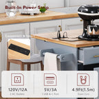 59.3" Kitchen Island with Drop Leaf and Pull Out Trash Can Storage Cabinet, Rolling Kitchen Island Table with Power Outlet, Spice & Towel Rack for Kitchen, Dining, Grey Blue