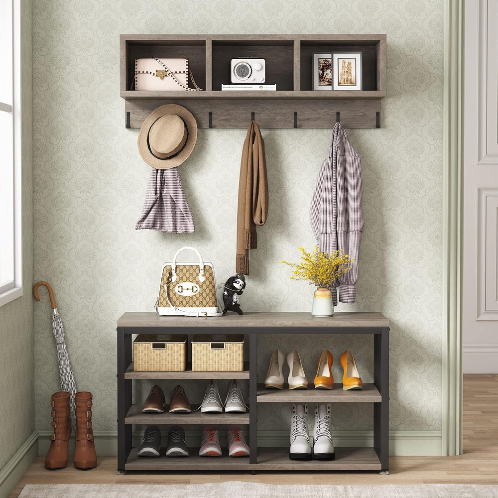 Tribesigns Coat Rack Shoe Bench Set Industrial, Hall Tree with 3 Storage Cubb...