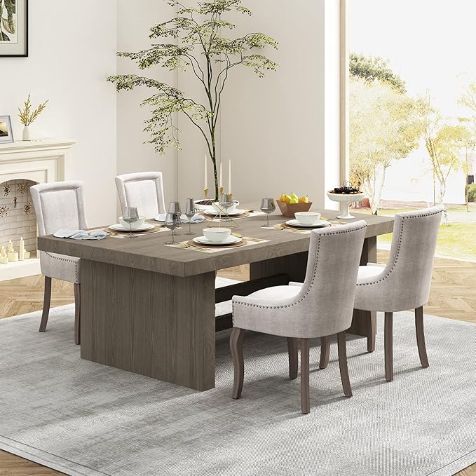 Dining Chairs Set of 6, Kitchen & Dining Room Chair, Fabric Upholstered Dinning Chairs, Wooden Dinning Chairs, Sillas De Comedor, Nailhead Trim, Wood Legs (Beige, 6 Pcs)