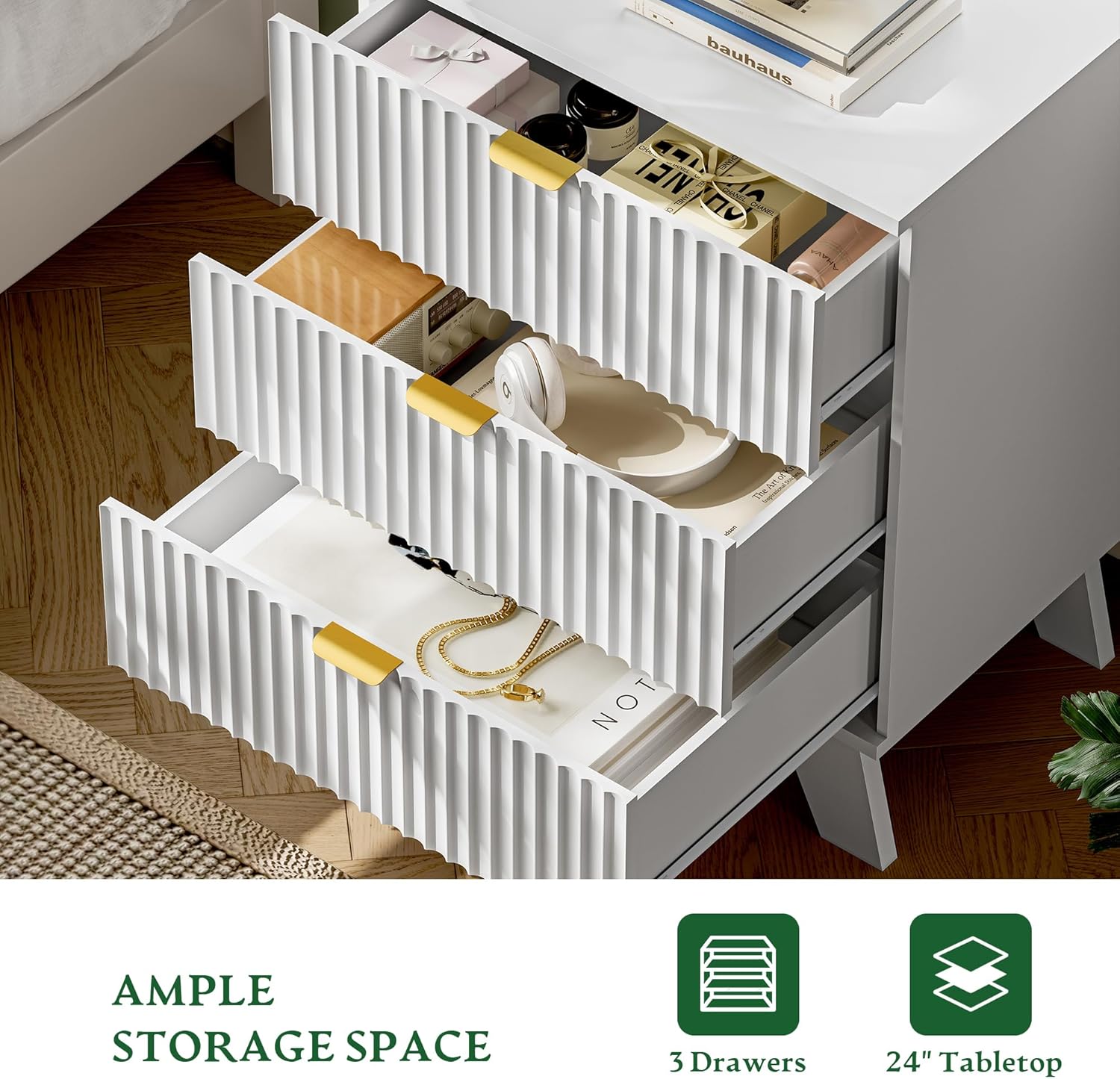 Fluted Nightstand with Charging Station, 24" Wide Bedside Table with 3 Large Storage Drawers, Modern Wood Side Table Night Stand, End Table Small Dresser for Bedroom, Living Room, Dorm, White