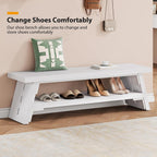 47 in Long Entryway Bench with Shoe Storage, White | 2-Tier Wood Entry Bench for Hallway, Front Door, Bedroom, Living Room, Closet, Mudroom, Modern Farmhouse Style
