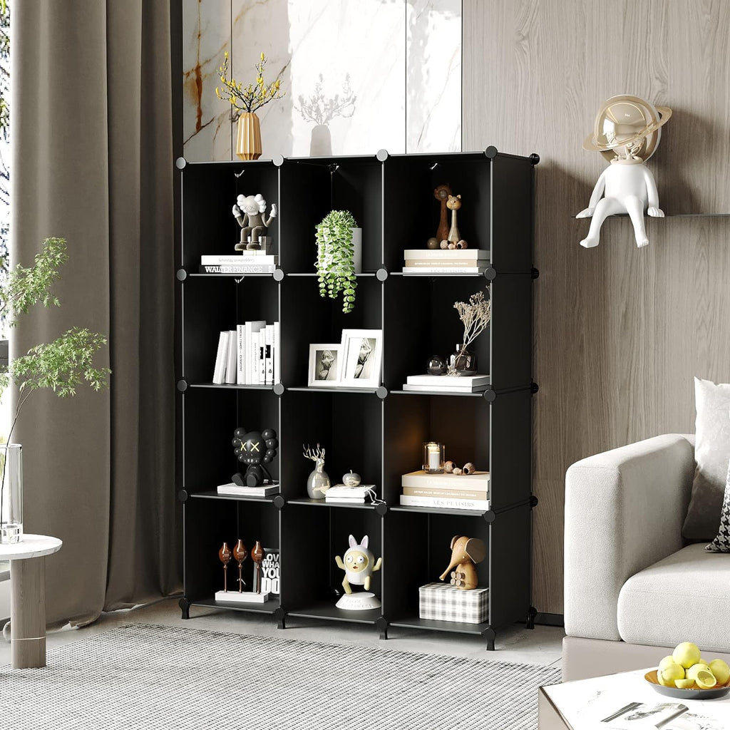 AWTATOS Cube Storage Organizer Closet Storage Shelves DIY Stackable Plastic Storage 12 Cube Bookshelf, Ideal Storage Organizer for Closet, Home, Bedroom, Black