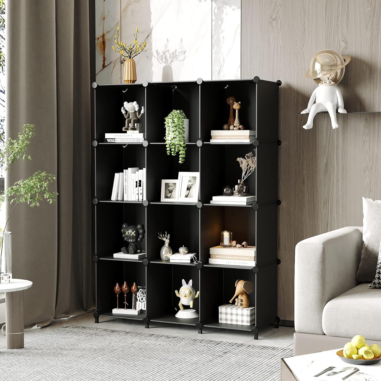 AWTATOS Cube Storage Organizer Closet Storage Shelves DIY Stackable Plastic Storage 12 Cube Bookshelf, Ideal Storage Organizer for Closet, Home, Bedroom, Black