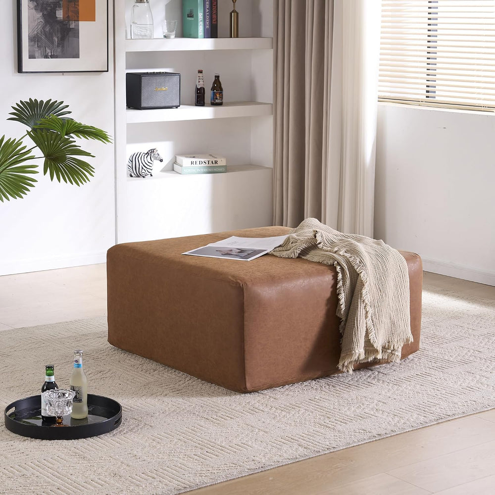 35" Faux Leather Large Square Ottoman Coffee Table for Living Room, Brow...