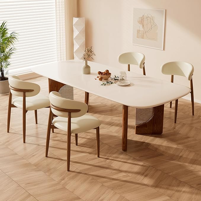 Dining Chairs Set of 4 for Kitchen Dining Table Mid Century Modern Farmhouse Upholstered Leather Dining Room Chairs with Metal Legs, Walnut Beige