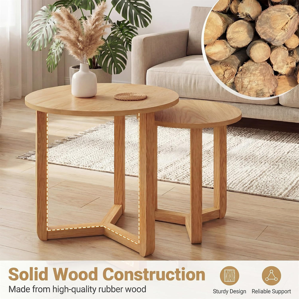 Tangkula Round Nesting Coffee Table Set of 2, Farmhouse End Tables with Solid...