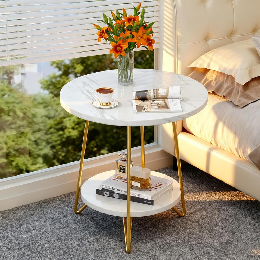 Tribesigns 2 Tier Round Side Table, Faux Marble End Table with Shelf, Small G...