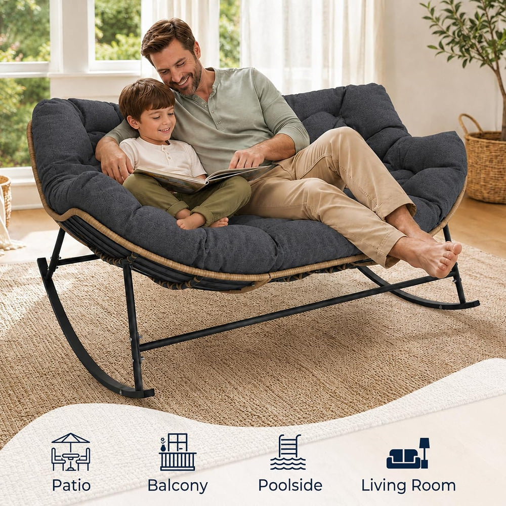 SWITTE Double Rocking Papasan Chair Outdoor, Indoor Oversized Wicker Egg Love...
