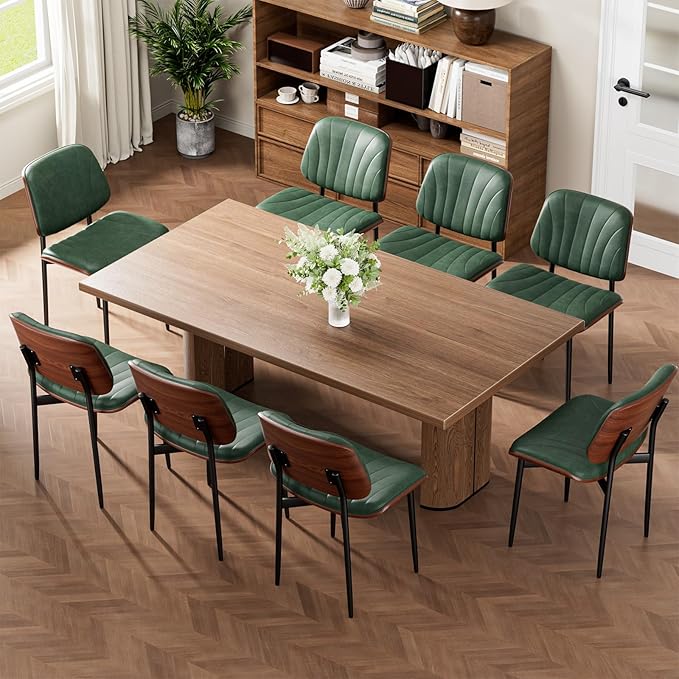 Dining Chairs Set of 6, Mid-Century Modern Upholstered PU Leather Chairs with Walnut Bentwood Back and Metal Legs Adjustable Feet for Kitchen Dining Room, Dark Green Shell Strips
