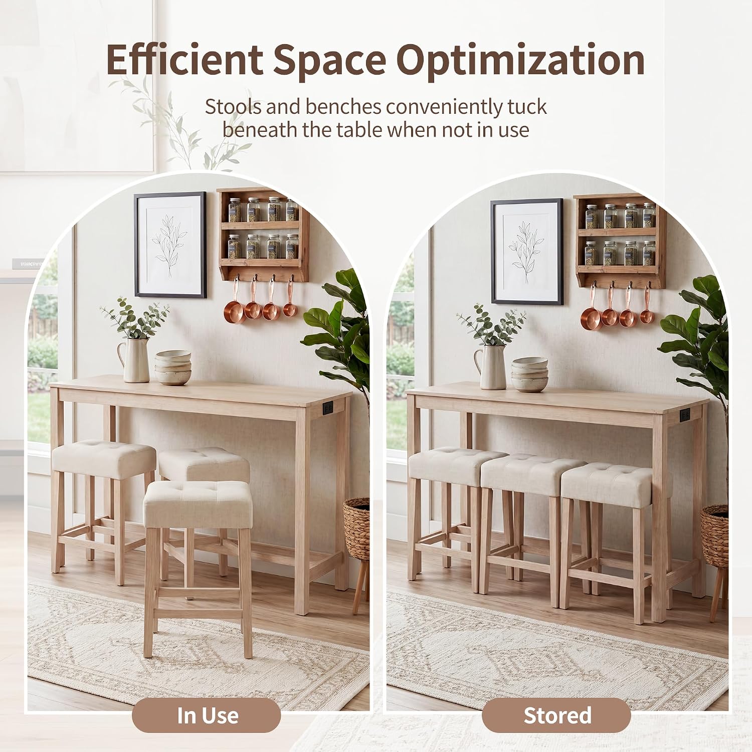 DUHOME 4 Piece Bar Table Set with Power Outlet，Dining Table Set | Industrial Breakfast Table with 3 Padded Stools Solid Wood Counter Height Bar Set for Living Room, Dining Room Natural