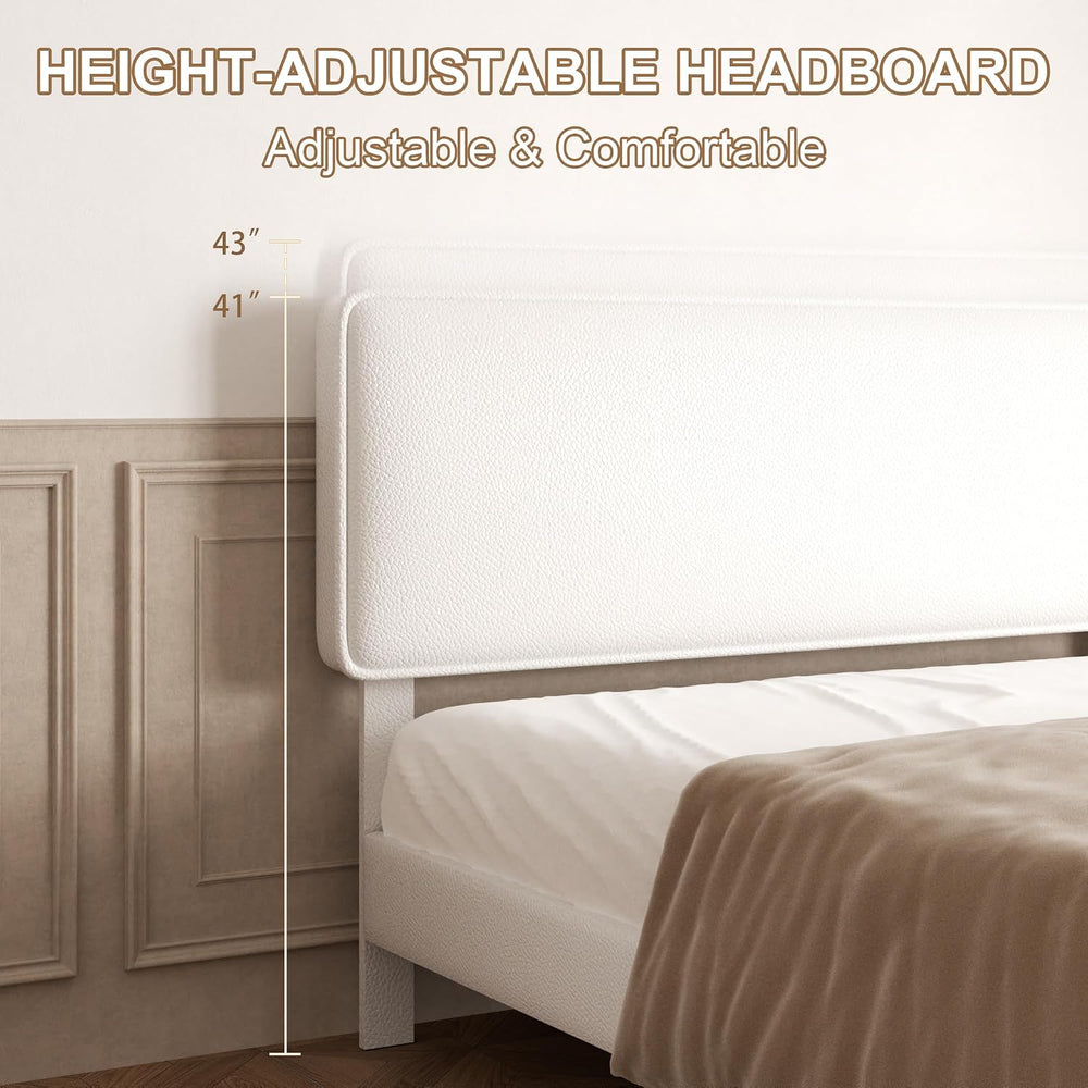 Sismplly King Size Upholstered Bed Frame with Adjustable Headboard, Faux Leat...
