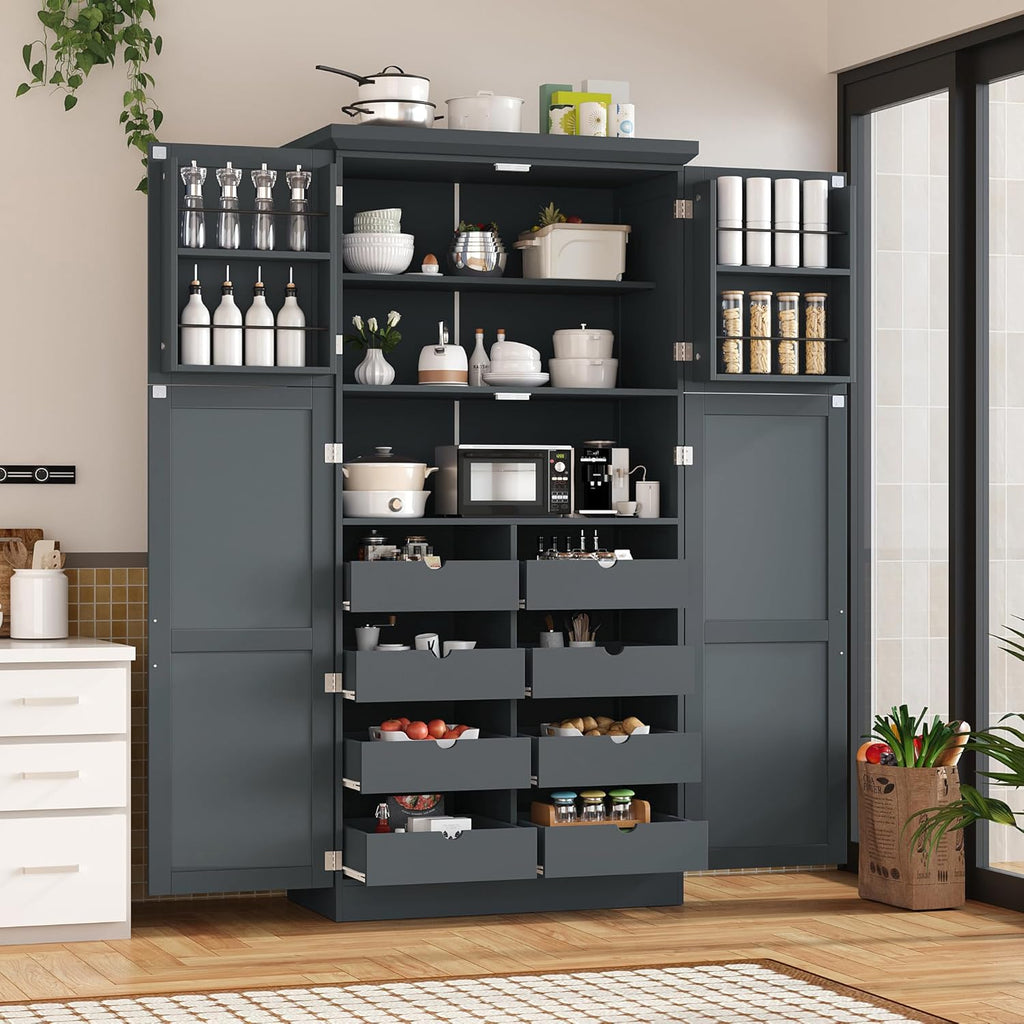 35.5x17.6x70.9inch Freestanding Kitchen Pantry Cabinet, Tall Storage Cabinet with 4 Doors, 2 Door Shelves, 8 Pull-Out Trays and Adjustable Shelf for Dining Room, Gray