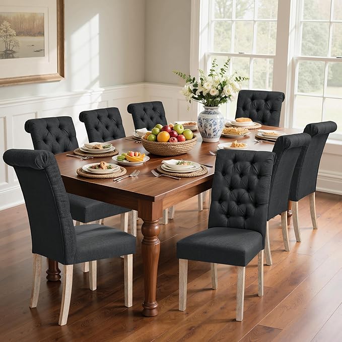 CHUN YI Dining Chairs Set of 8, Button Tufted Upholstered Fabric Dining Room Chairs with Solid Wood Legs and Curved Back, Parsons Side Chairs for Kitchen, Dark Grey