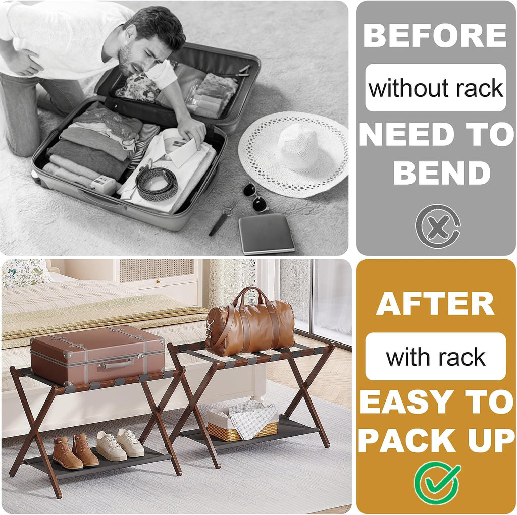 BAMBOOHOMIE Bamboo Luggage Rack for Guest Room, 26.77" Folding Wide Suitcase Stand with Fabric Storage Shelf, Thickened Luggage Stand Holder for Bedroom Hotel, Luggage Rack for Suitcases (1 Pack - Brown)