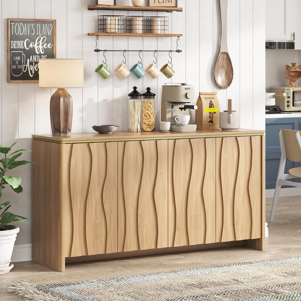 Vabches Fluted Buffet Cabinet with Storage, 3D Ripple Pattern Doors and Curve...